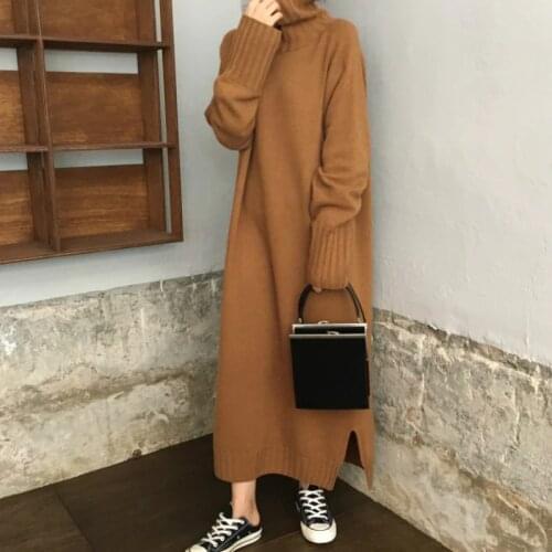 Women Autumn Winter thick Turtleneck long Sweater Dress ladies Long Sleeve straight split Knitted pullover dresses solid