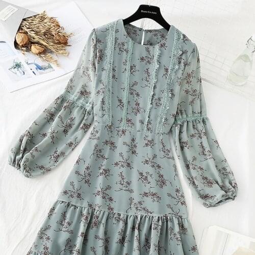 Round neck Floral Print Women Dress Elegant Lantern Sleeve Female Long Dresses 2021 Loose Chiffon Retro floral dress Vestidos