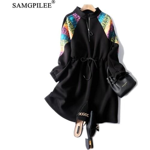 Dresses For Parties 2021 Office Lady A-line Print Full Sleeve Appliques plus size Empire Stand Collar Winter Dress Women 4XL