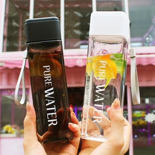 Square Water Bottle 480Ml Transparent Fruit Milk Water Cup Portable Leakproof with Rope Sports Cup High Temperature Water Bottle