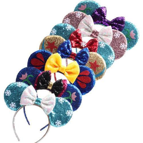 Girl Elza Ears Headband For Kids Sequin Mouse Bow Party Accessories Glitter Fabric Flower Children Hair hoop