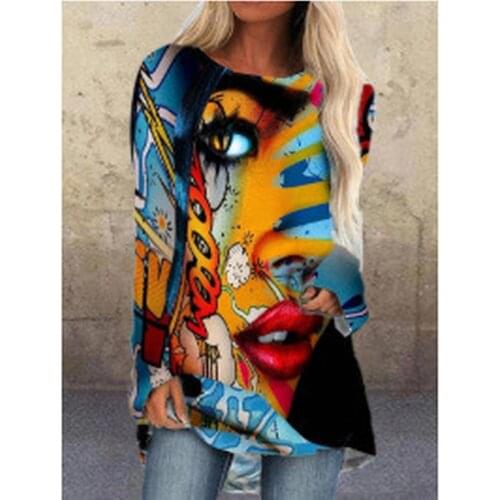 Plus Size Women Loose Tops 2021 Spring Autumn Womens Casual T-Shirt Vintage Printed Elegant O Neck Long Sleeve Mid-length Tees