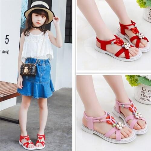 Girls Roman Sandals New 2021 Summer Kid Shoes Girls Fashion Sweet Beading Flock Pu Leather Princess Sandals Kid Footwear Baby