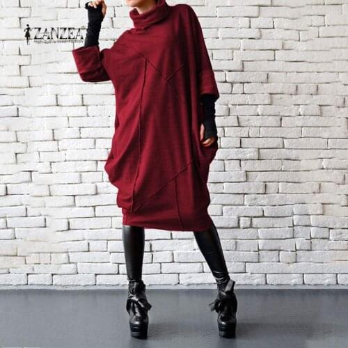 Vintage Womens Turtleneck Sweatshirts ZANZEA Patchwork Hoodies Long Sleeve Short Vestidos Female Solid Robe Femme Oversized