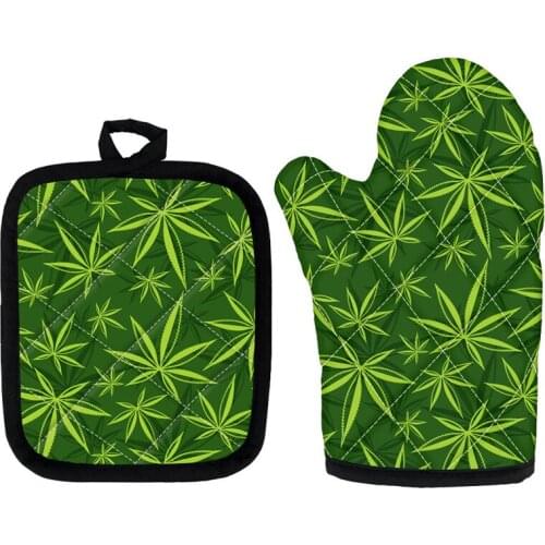 2pcs/Sets Heat Insulation BBQ Oven Gloves and Potholder Mats Green Weed Pattern Kitchen Accessories Microwave Oven Mitts