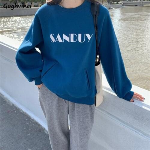 Plus Velvet Thicker Letter-Print No Hat Hoodies Women O-neck Full Sleeve Korean Style Loose All-match Chic Daily Fashion Casual