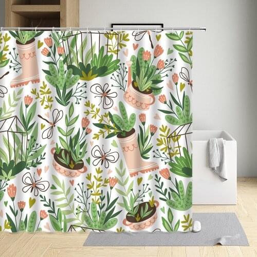 Tropical Green Leaf Shower Curtain Butterfly Dragonfly Pink Boots Flower Tree Branch Cloth Bathroom Decor Bath Screen With Hooks