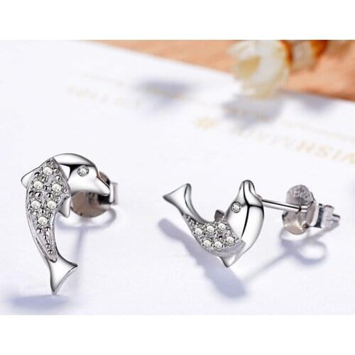 925 sterling silver fashion lady cute dolphin love fish simple inlaid zircon crystal female earrings party ladies gift