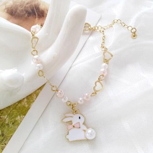 Womens Bracelets Imitation Pearl Animals Bangles Cute Bunny Bracelet Heart-shaped Metal Chain Accessories Jewelry for Girls