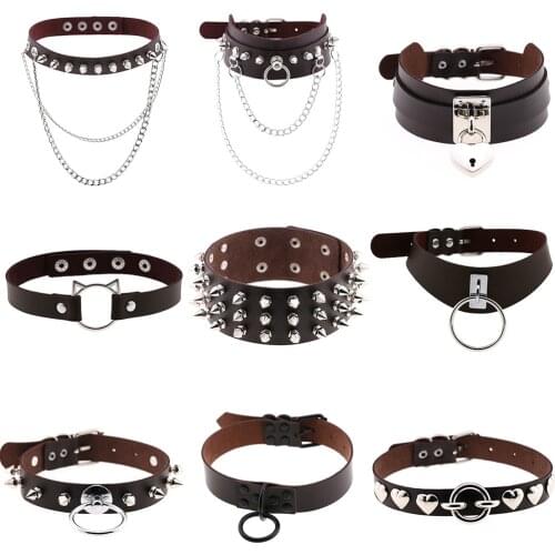 Wholesale Gothic Brown Leather Choker Necklace women goth Studded Vintage punk Collar Necklaces E girl Cosplay Jewelry Gifts