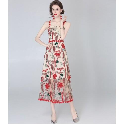 New Sexy Sling Holiday Beach Long Dress Summer Women 2021 Flower Embroiderey Mesh Stitching Vintage Boho Party Dress Vestidos