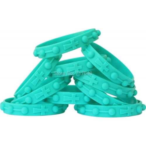 300pcs Rosary in Teal Wristband Silicone Bracelets free shipping by FEDEX