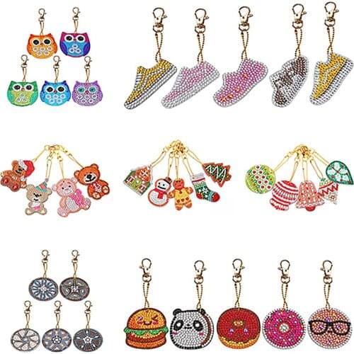 4/5pcs DIY Full Drill Special Diamond Painting Keychain Cartoon Owl Cake Women Bag Pendant Keychains Jewelry Key Ring Gifts