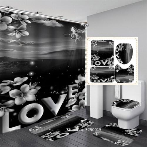 English Letter Bathroom Non-slip Carpet Toilet Seat Cover Pad Waterproof Shower Curtain and Free Hook 4 Piece Shower Curtain Set
