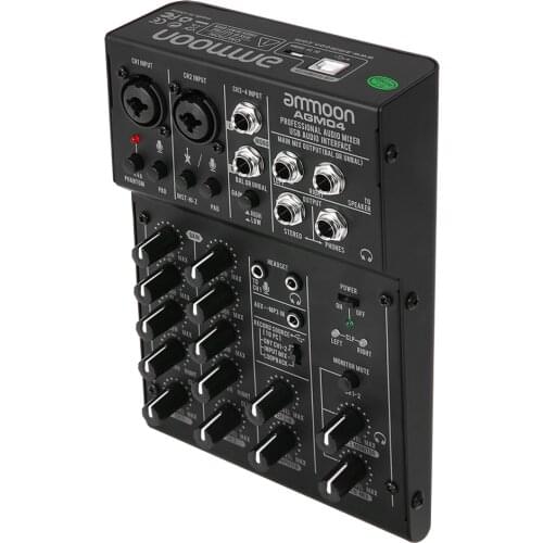 Ammoon AGM04 4-Channel Mini Mixing Console Digital Audio Mixer 2-band EQ Built-in 48V Phantom Power 5V USB Powered for DJ Live