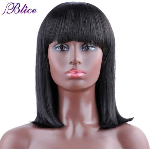 Blice Straight Black Synthetic Wig With Bangs Medium Length Hair Bob Wig Heat Resistant Cosplay wigs For Women