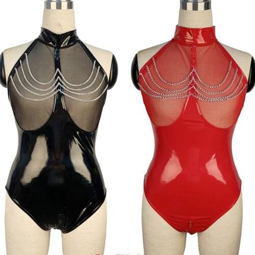 5XL Sexy Zipper Wetlook Faux Leather Bodysuit Mesh Hollow out Bust Open Crotch Clubwear Fetish Hot Erotic Pole Dance Lingerie