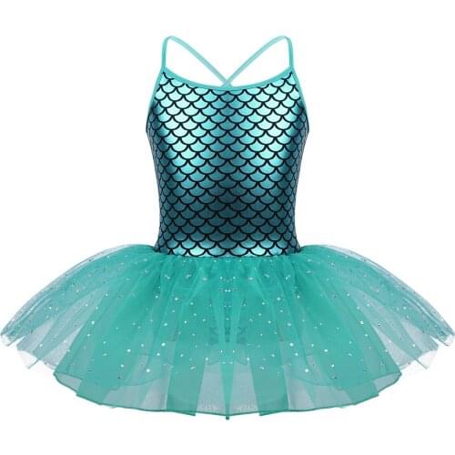 Kids Girls Mermaid Costumes Dancewear Scales Pattern Printed Ballet Dance Gymnastics Leotard Tutu Dress for Stage Performance
