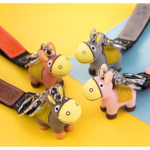 Hot Resin Donkey Metal Keychain Grey Brown Pink Orange Car Keyring Bag Pendant Weaved Lanyard Girl Boy Couple Cute Accessory