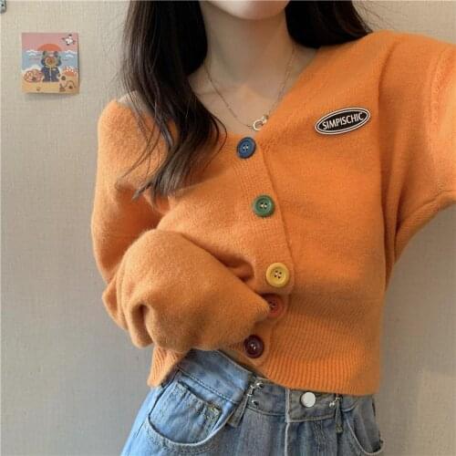 Knitwear Spring and Autumn Tops Color Buttons Soft Waxy Cardigan Loose Jacket V-neck Long Sleeve Sweater Short Womens Trend