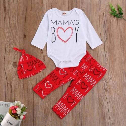Valentines Day Three-piece Clothes Set For Kids Baby Boys Girls Long Sleeve Romper Letters Printed Pattern Pants Cap Headdress