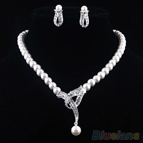 Faux Pearl Crystal Choker Women Necklace Earrings Jewelry Set For Wedding Party