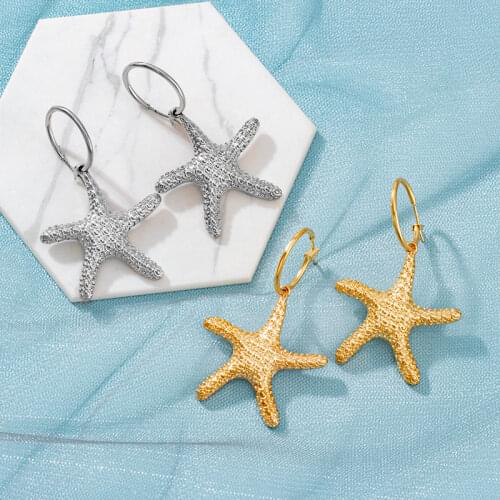 Korean Fashion Metal Starfish Pendant Womens Earrings For Women Geometric Gold Silver Hanging Earrings Trend Female Jewelry