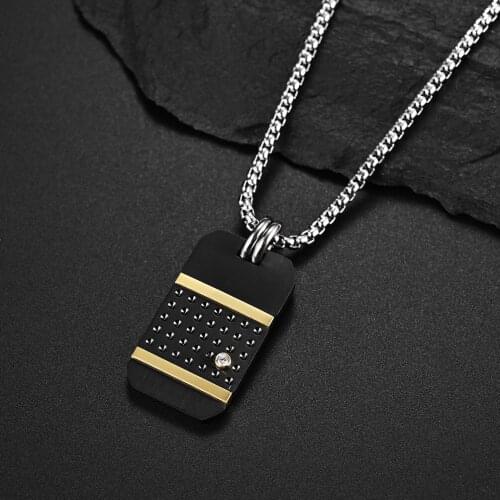 Mens Black Gold Color Dog Tag Pendant Necklaces Matte Crystal Necklace for Men Trendy Stainless Steel Jewelry Gift
