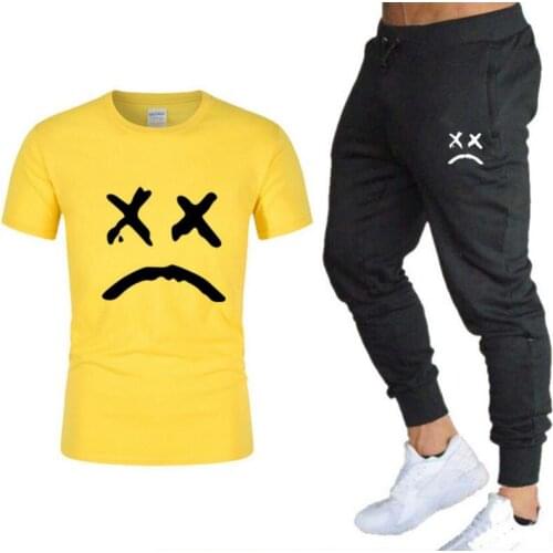 Mens brand sportswear Sets cotton Quick Drying Gyms Fitness running suit fashion short sleeve t shirts + jogging trousers 2pcs