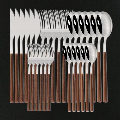 30Pcs Mirror Wooden Handle Dinnerware Set Stainless Steel Flatware Cutlery Party Knife Cake Fork Spoon Table Silverware Set