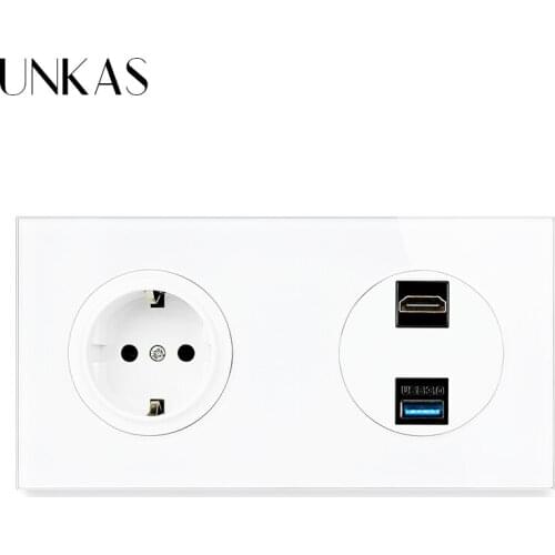 UNKAS HDMI-Compatible 2.0 Port USB 3.0 Jack 16A EU Standard Wall Power Socket Luxurious Crystal Glass Panel Outlet