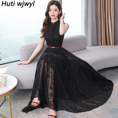 2021 New Solid Chiffon Beach Black Midi Dress Summer Plus Size Vintage Runway Maxi Dress Women Bodycon Party White Maxi Vestidos