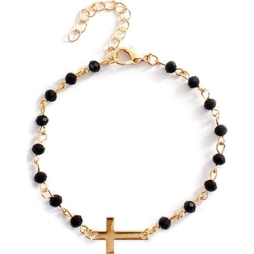 New Fashion Rosary Style Sideways Cross Bracelet Black Onyx and Beades Gold or Chain Bracelets for Women Girls
