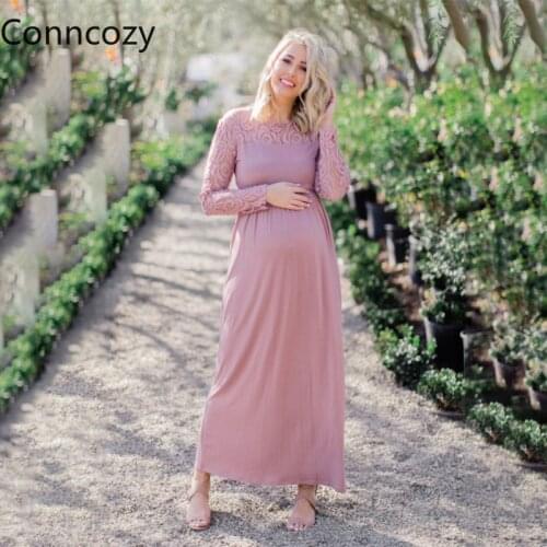 Maternity Clothings Long Dresses Pink White Lace Patchwork Hollow Long Sleeve Dress for Pregnant Women Pregnancy Dress Black Red