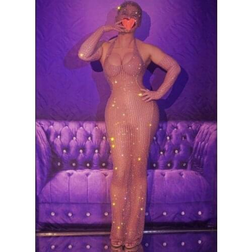 Transparent Silver Rhinestone Mesh Dress Club Women Singer Dance Costume Prom Birthday Celebrate Nude Long Dress