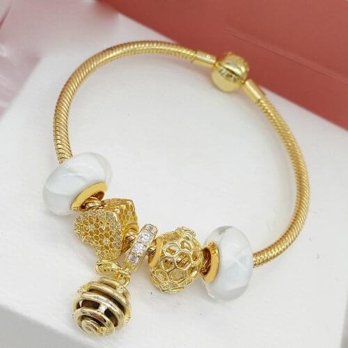 NEW 100% 925 Sterling Silver SHINE HONEYBEE CHAR HONEYCOMB LACE CHARM SHINE QUEEN BEE PENDANT 18K Gold Sweet Bracelet Set