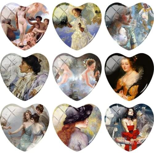 TAFREE Hand Oil Painting Heart shaped Art Photo 25 mm DIY Glass Cabochon flat back Jewelry Making findings PP68