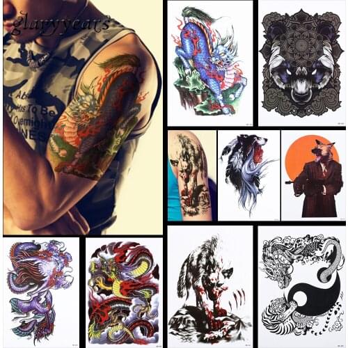 8 Pieces Wolf Dragon Pattern Design Tattoo Sticker Temporary Feather Bear Waterproof Women Men Body Art Tattoo Sticker New HB#34