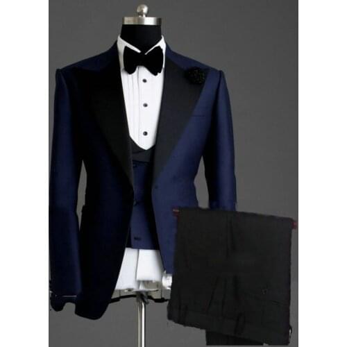 Prom Wedding Dress 2021 Fashion Formal Tuxedo Blazer Navy Blue Jacket Vest Black Pant Slim Fit Men Clothing 3 Piece Set Suit Men