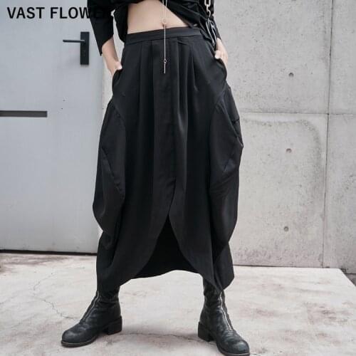 Irregular Split Long Skirt Women New Black High Waist Pocket Loose Casual Temperament Skirts Fashion Clothes Summer 2021