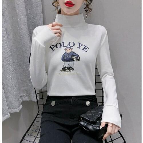 Womens Winter Fashion Plush Thickened Half High Collar Cartoon T-shirt Warm Versatile Long Sleeve Top 2021 Slim Sweet Pullover
