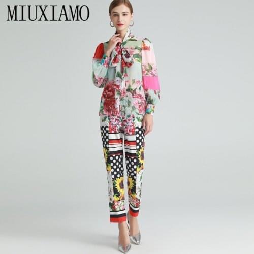 MIUXIMAO 2021 Spring Summer Strap Scarf Collar Long Sleeve Flower Dot Print Shirt+Ninth Pants Fashion Suit Two-piece Set Women