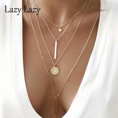 Womens Vintage Coin Necklaces Shell Star Pendant Necklace Bohemian Multilayer Gold Moon Choker Necklace Party Jewelry Gifts
