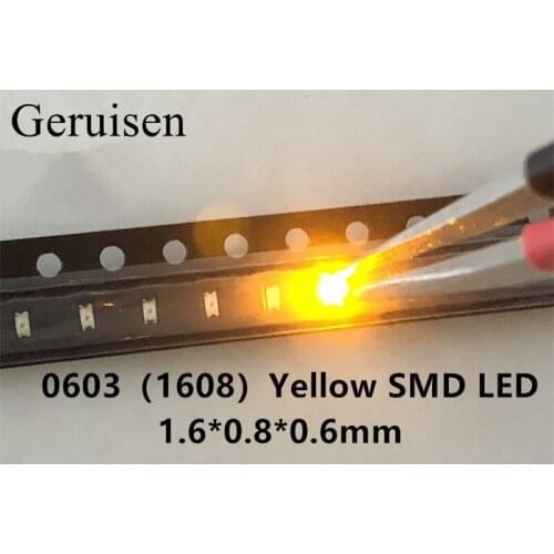 50PCS 0603 Yellow SMD led Super Bright 120mcd 2.0~2.4V 580-590nm SMD 0603 led yellow 0603 diodes 1.6*0.8*0.6mm light lamp