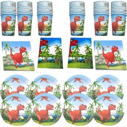 61pcs/lot Red Dinosaur Theme Kids Favors Plates Birthday Part Cups Glass Dishes Baby Shower Tablecloth Napkins Tableware Set
