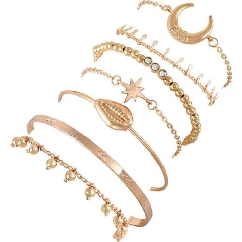 7 Pcs/set Bohemia Trendy Gold Color Shell Crystal Carved Triangle Charm Round Beads Chain Open Cuff Bracelet Bangle Set Jewelry
