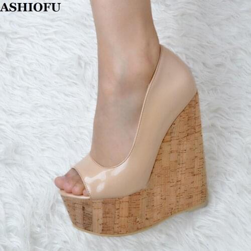 ASHIOFU Handmade Womens Wadge Heel Pumps Peep-toe Slip-on Patent Leather Party Dress Shoes Night-club Evening Fashion Shoes