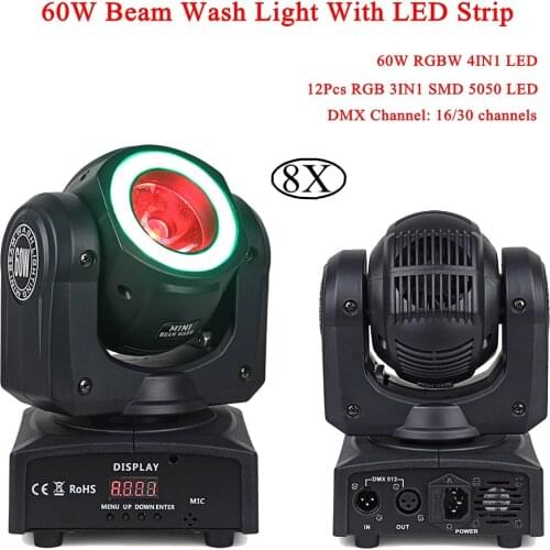 Disco Light RGBW 60W LED Moving Head Light DJ Beam Wash Lighting With RGB LED Strip Powerful Beam Wash 2IN1 DMX512 Stage Light