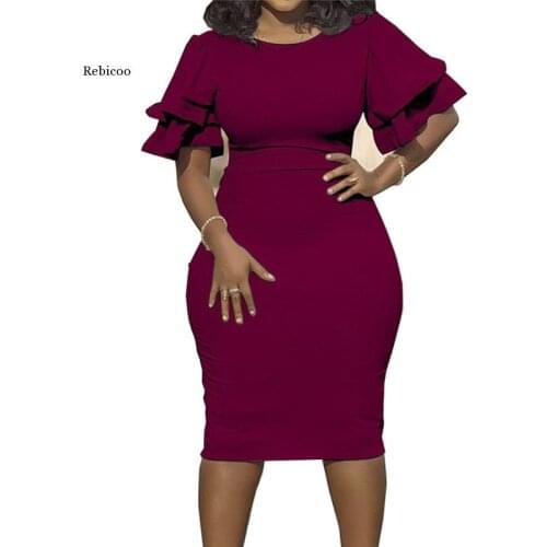 Womens Large Size Xl-5Xl Sudress 2021 Dress O-Neck Lanterm Sleeve Slim Night Solid Party Short Dress