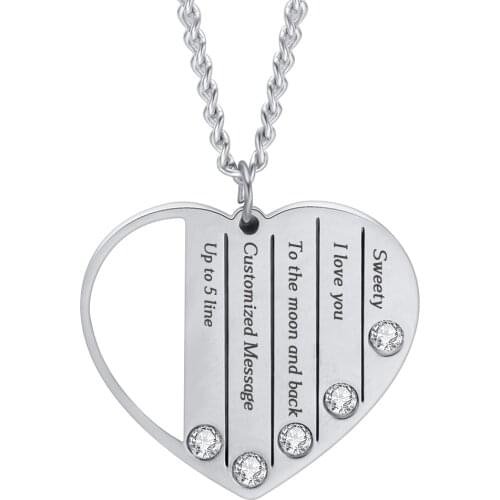 Personality Engrave Stainless Steel Heart Necklaces Pendants With Clear Crystals Best Gift Necklace For Family and Girlfriend